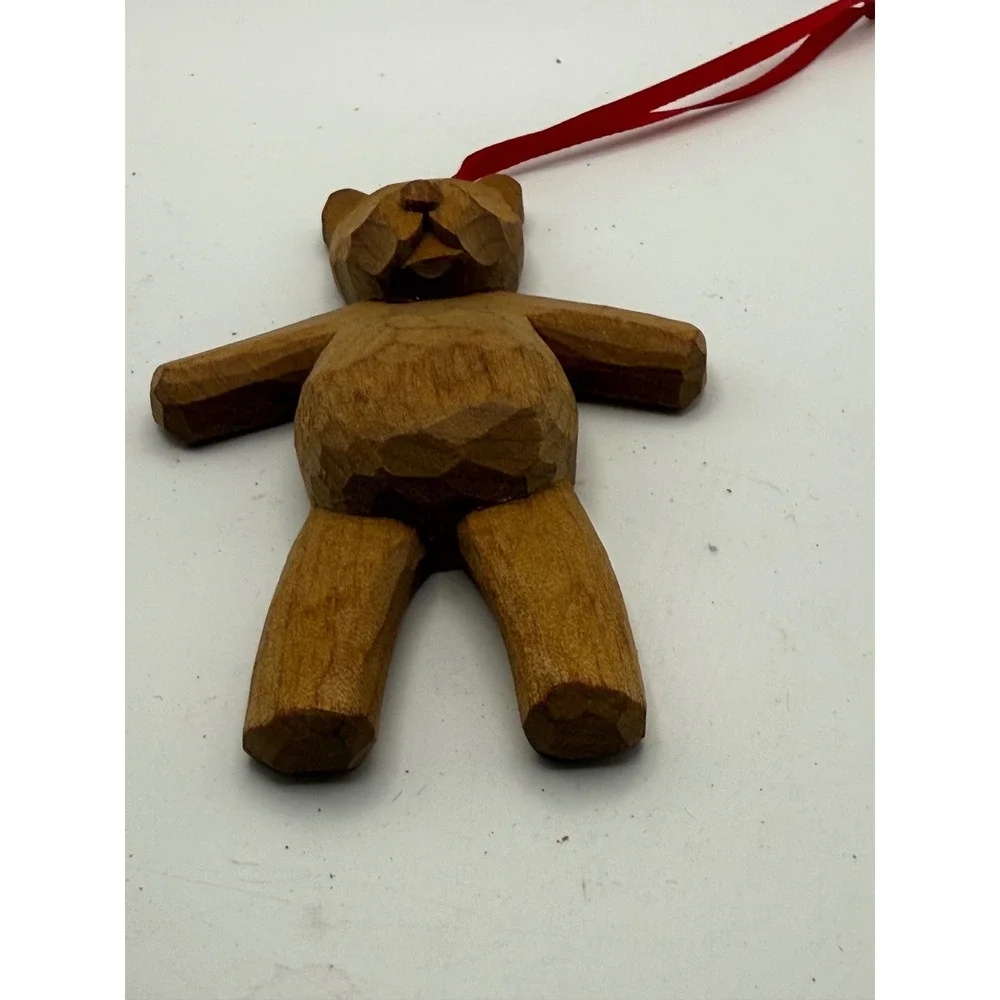 Hand Carved Wooden Teddy Bear Christmas Ornament Rustic Folk Art Brown Hanging